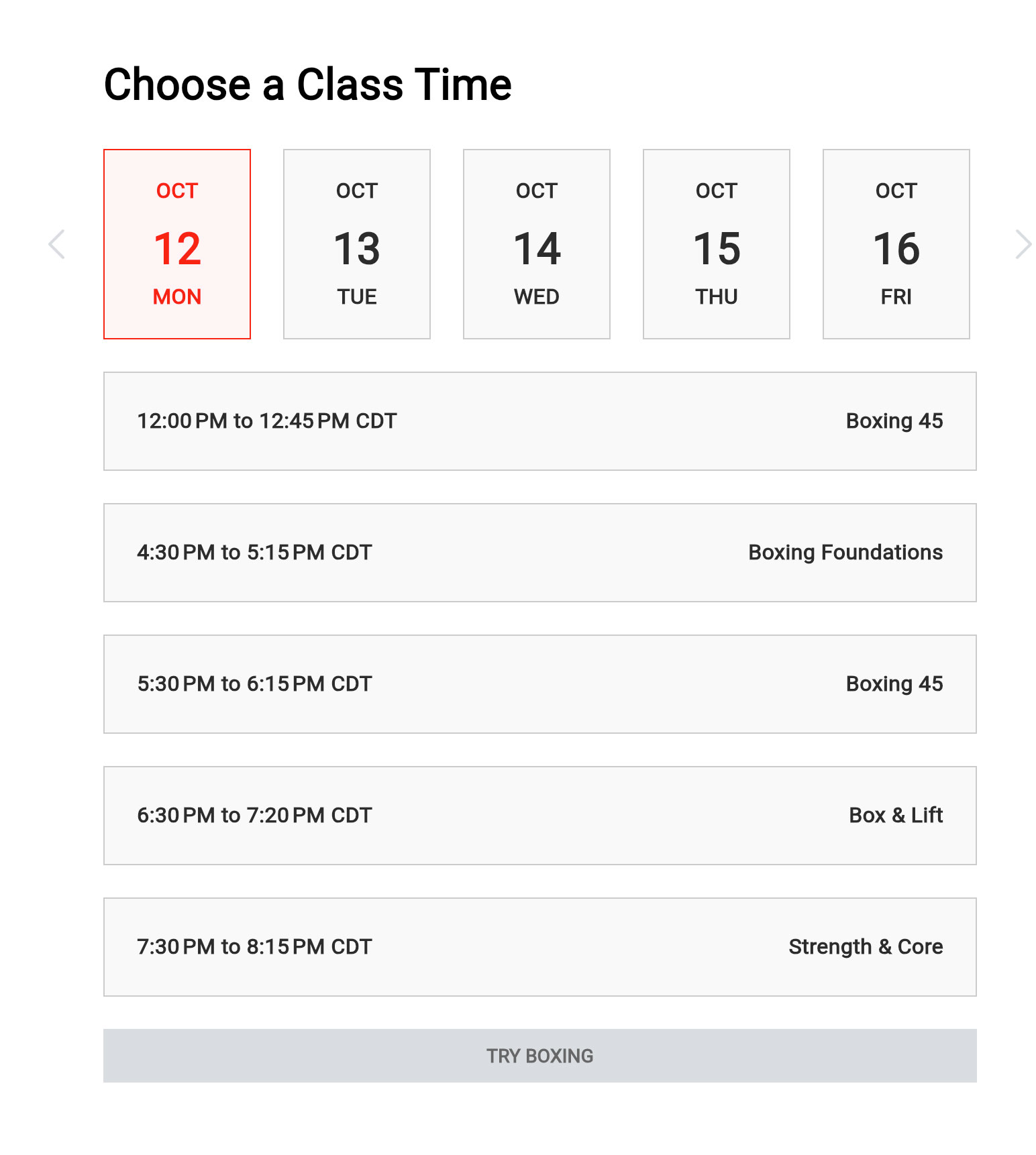 Choose a Class Time booking screen with a date selector and available boxing and strength classes