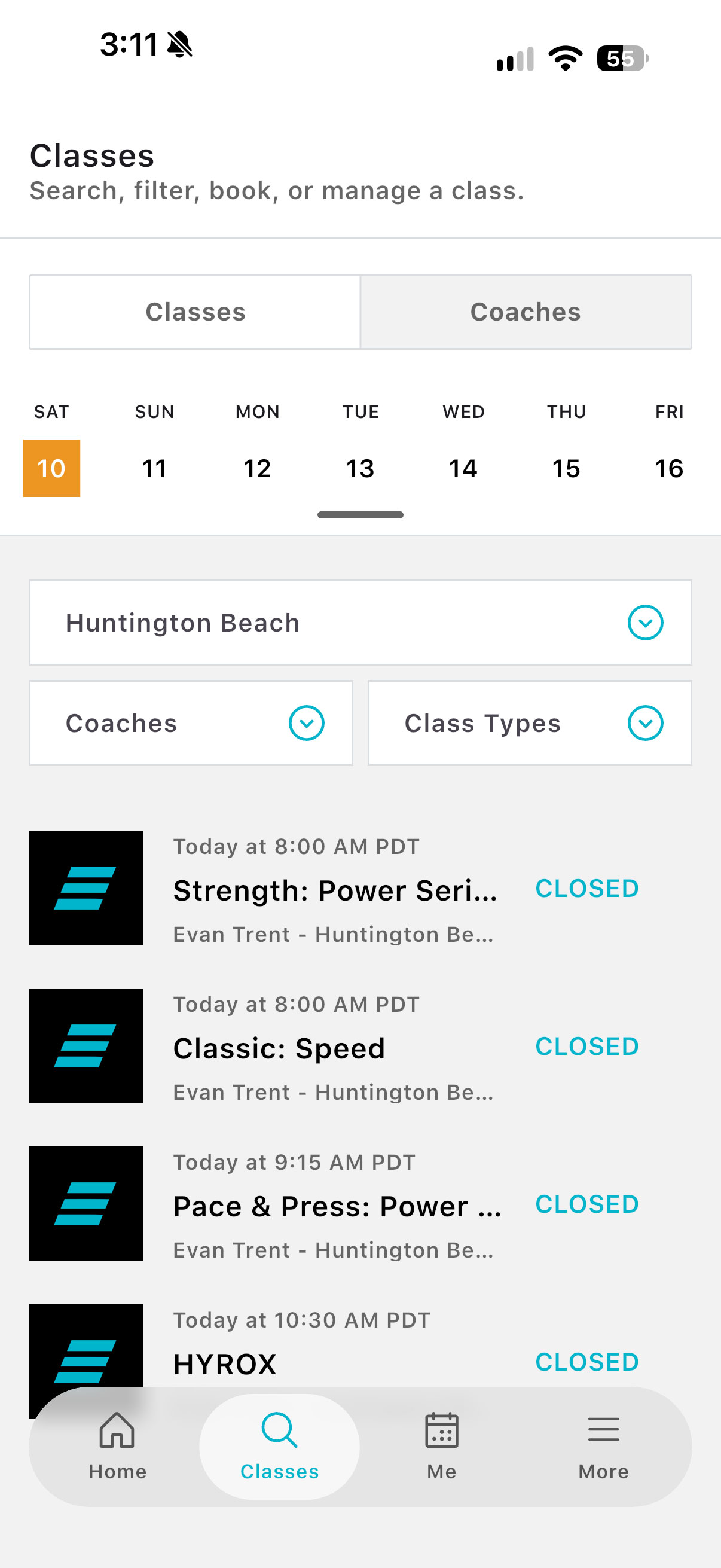 App navigation with classes, booking, schedule, community, memberships, and account options
