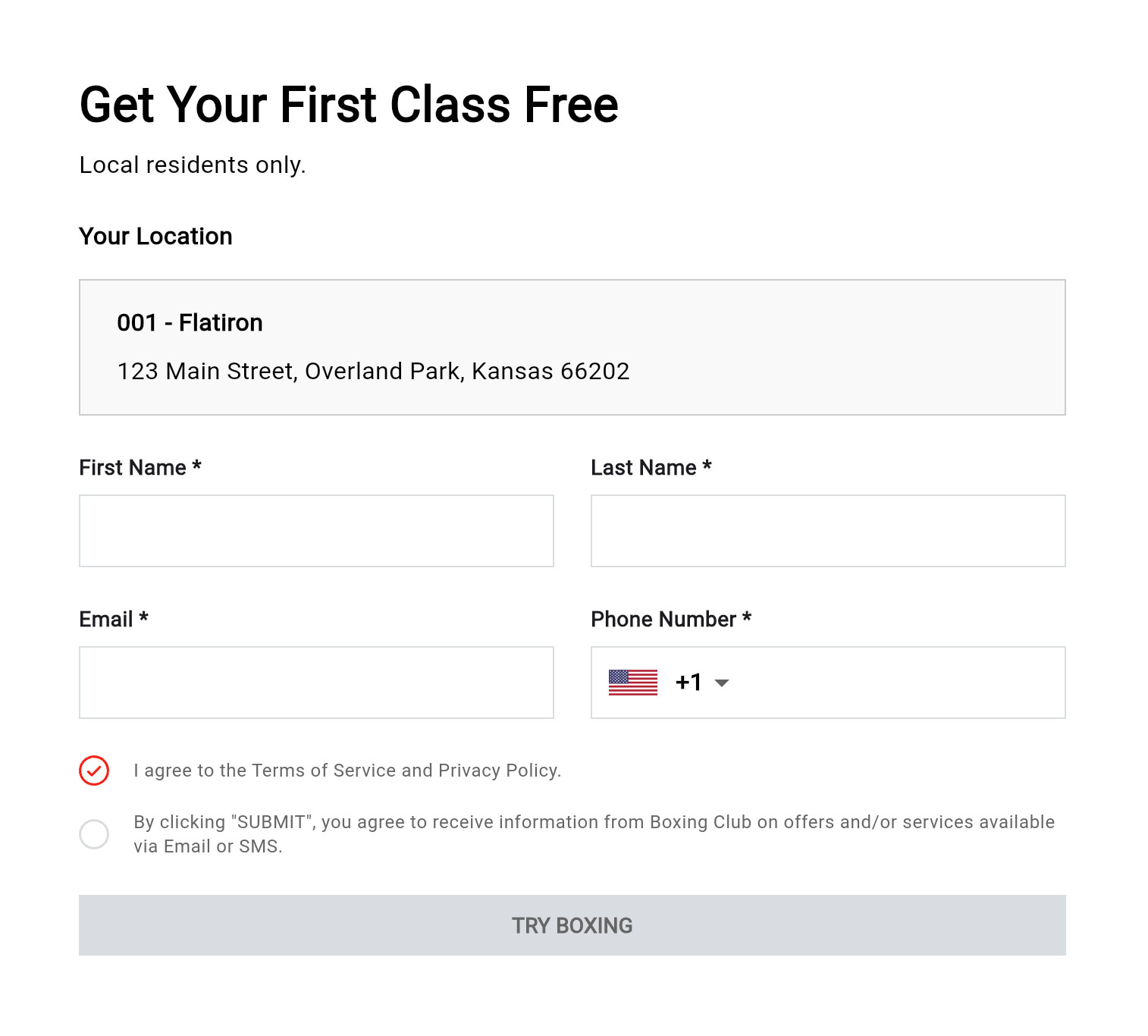 First Class Free introductory offer form with studio location, contact information, and consent options