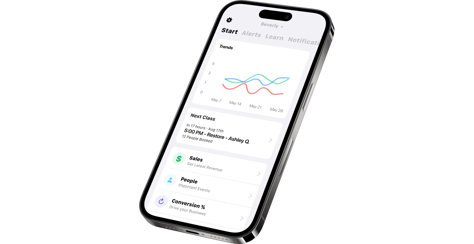 Business Owner mobile app showing studio trends, the next class, sales, and customer tools