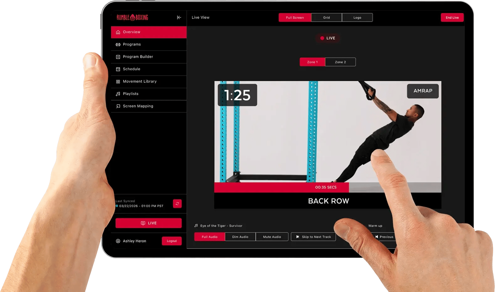 CAST workout interface on a tablet, showing a movement demonstration, interval timer, program tools, and live playback controls