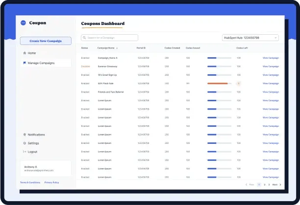Codes & Coupons dashboard showing campaigns, code creation, issued codes, and usage progress