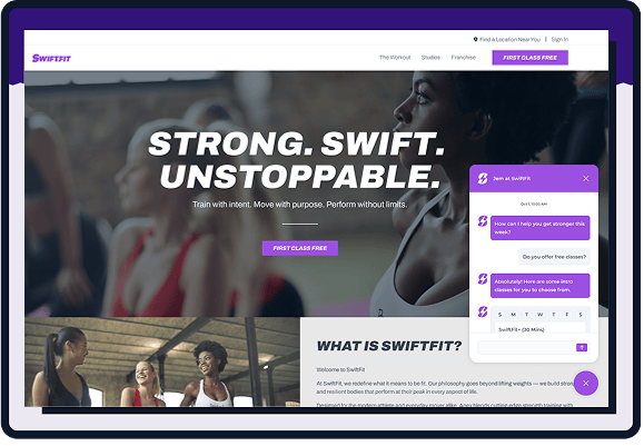 First Timers website chat answering a visitor’s question and offering available first-class times