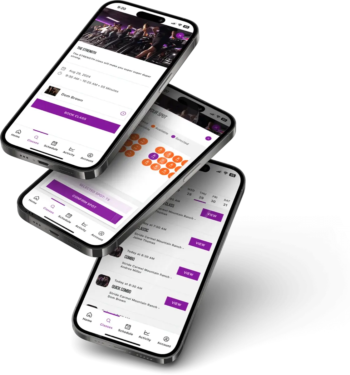 Branded native app screens showing class details, spot selection, and the class schedule