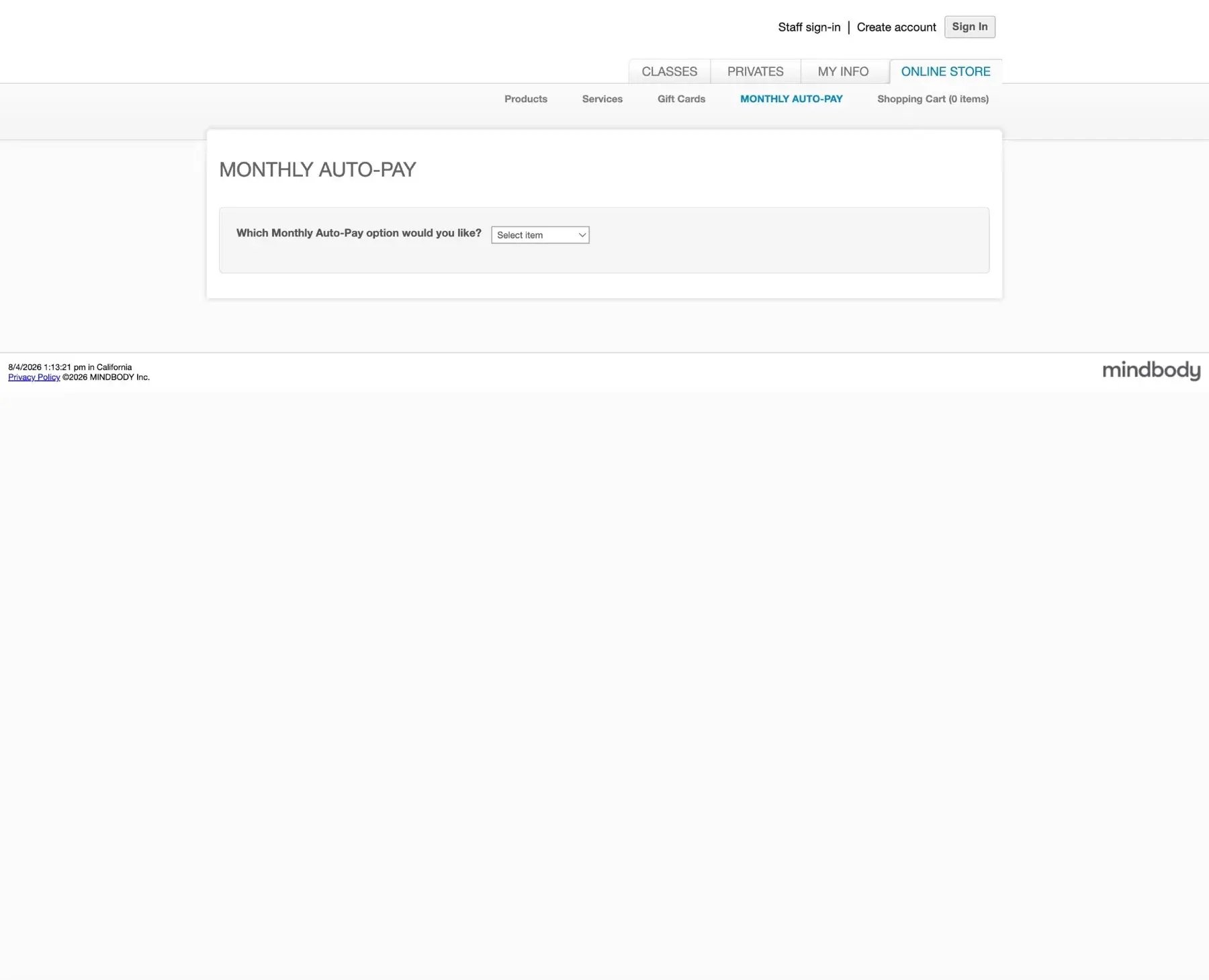 Mindbody online store example showing the monthly auto-pay plan selector