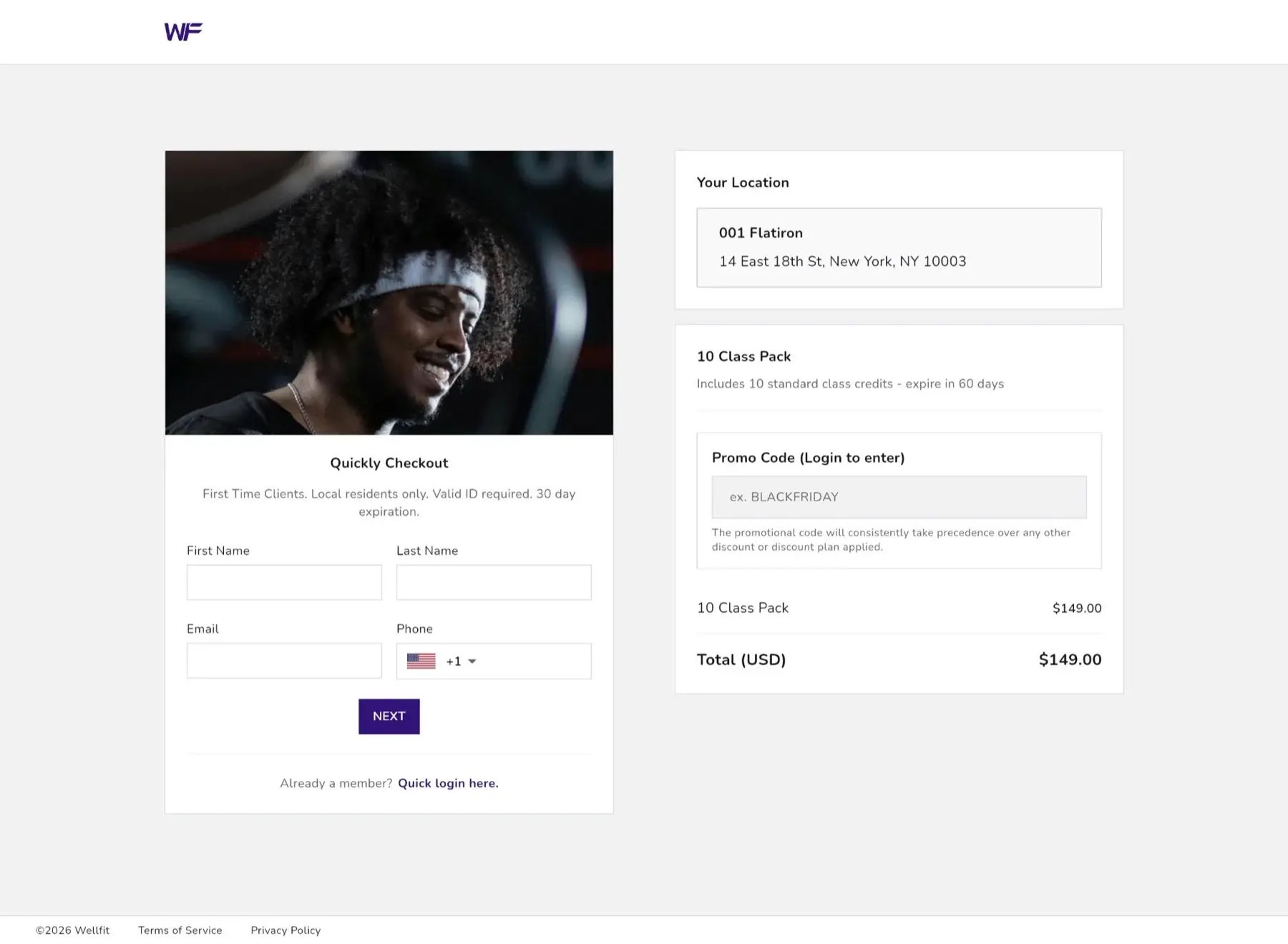 Studio Stack checkout example with WellFit branding, photography, contact fields, location, and class-pack purchase summary