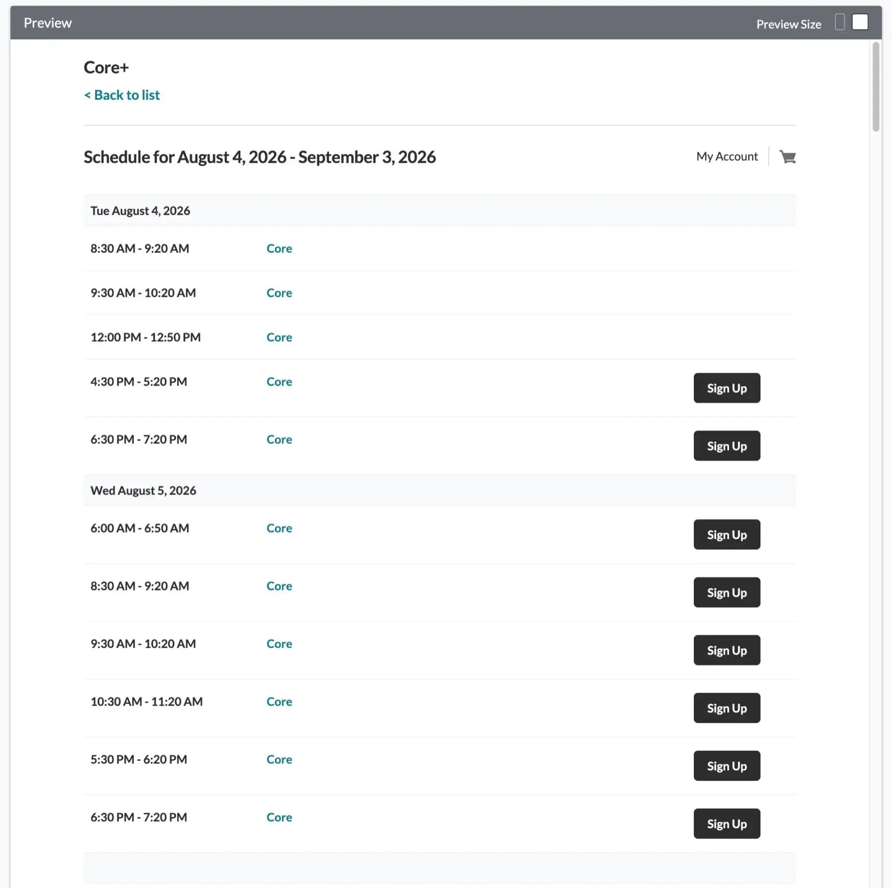 Mindbody schedule preview listing class dates, times, class names, and sign-up buttons