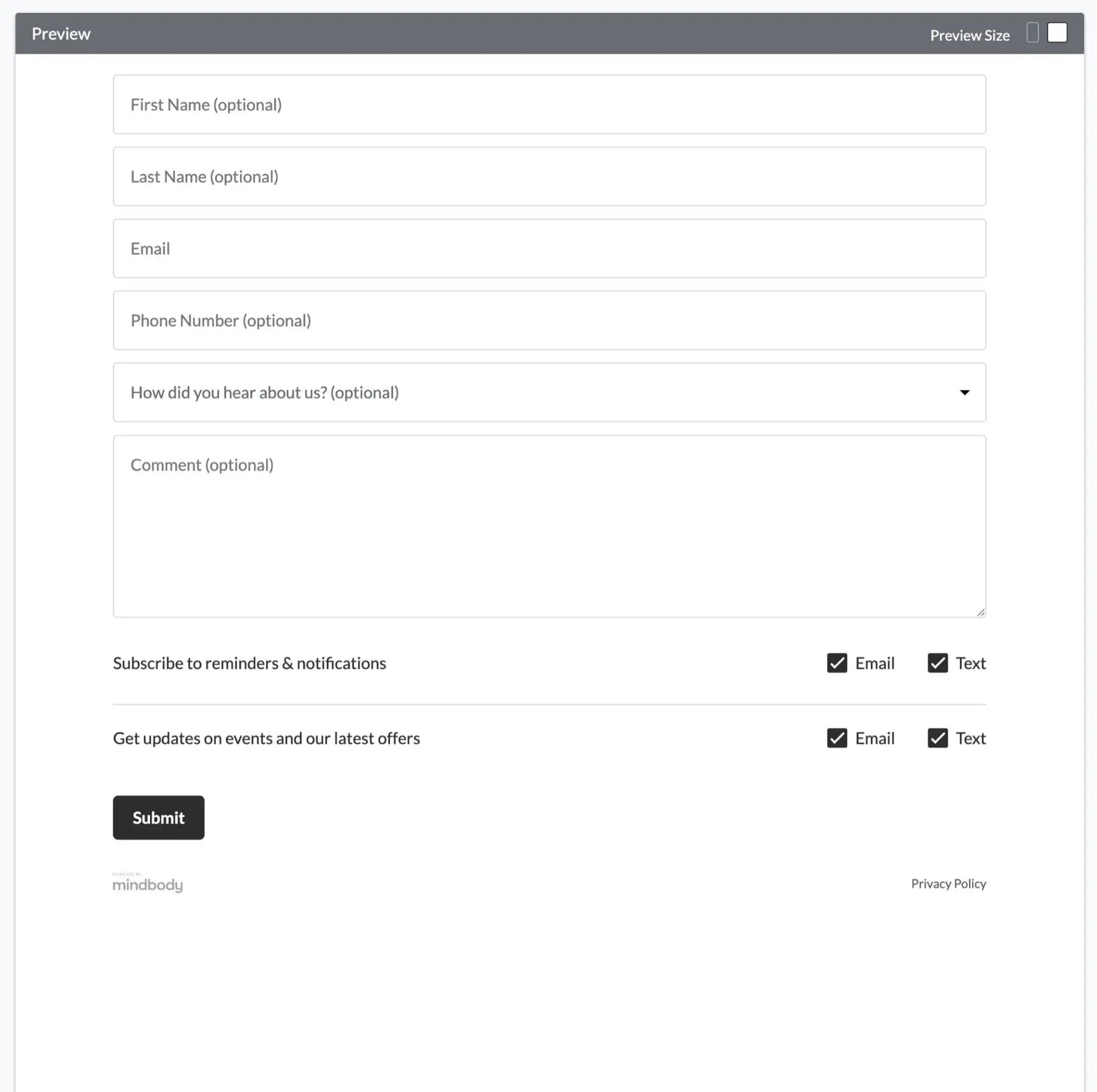 Mindbody lead form preview with contact fields, referral source, comments, and email and text preferences