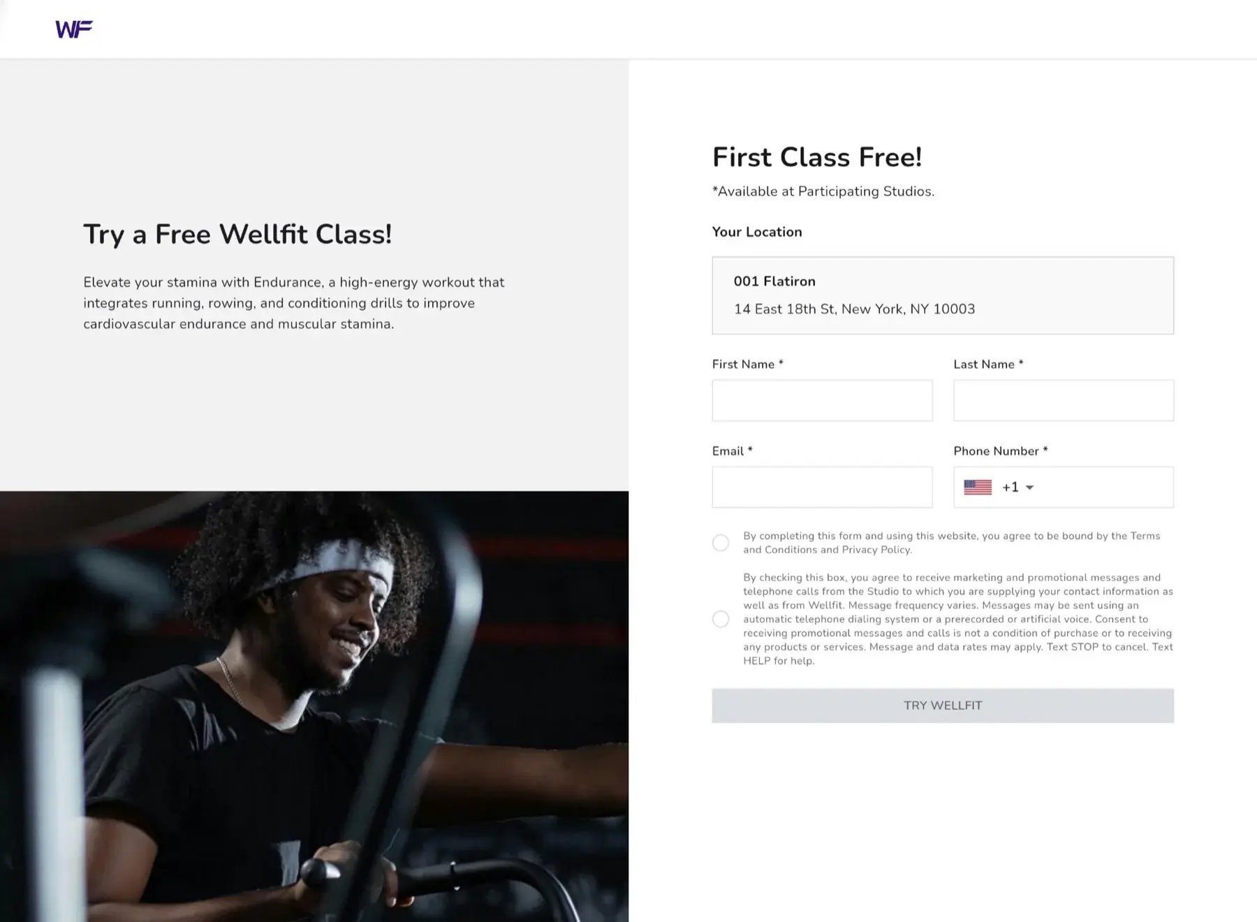 Studio Stack WellFit introductory-offer landing page with branded photography, offer copy, studio details, and lead capture form