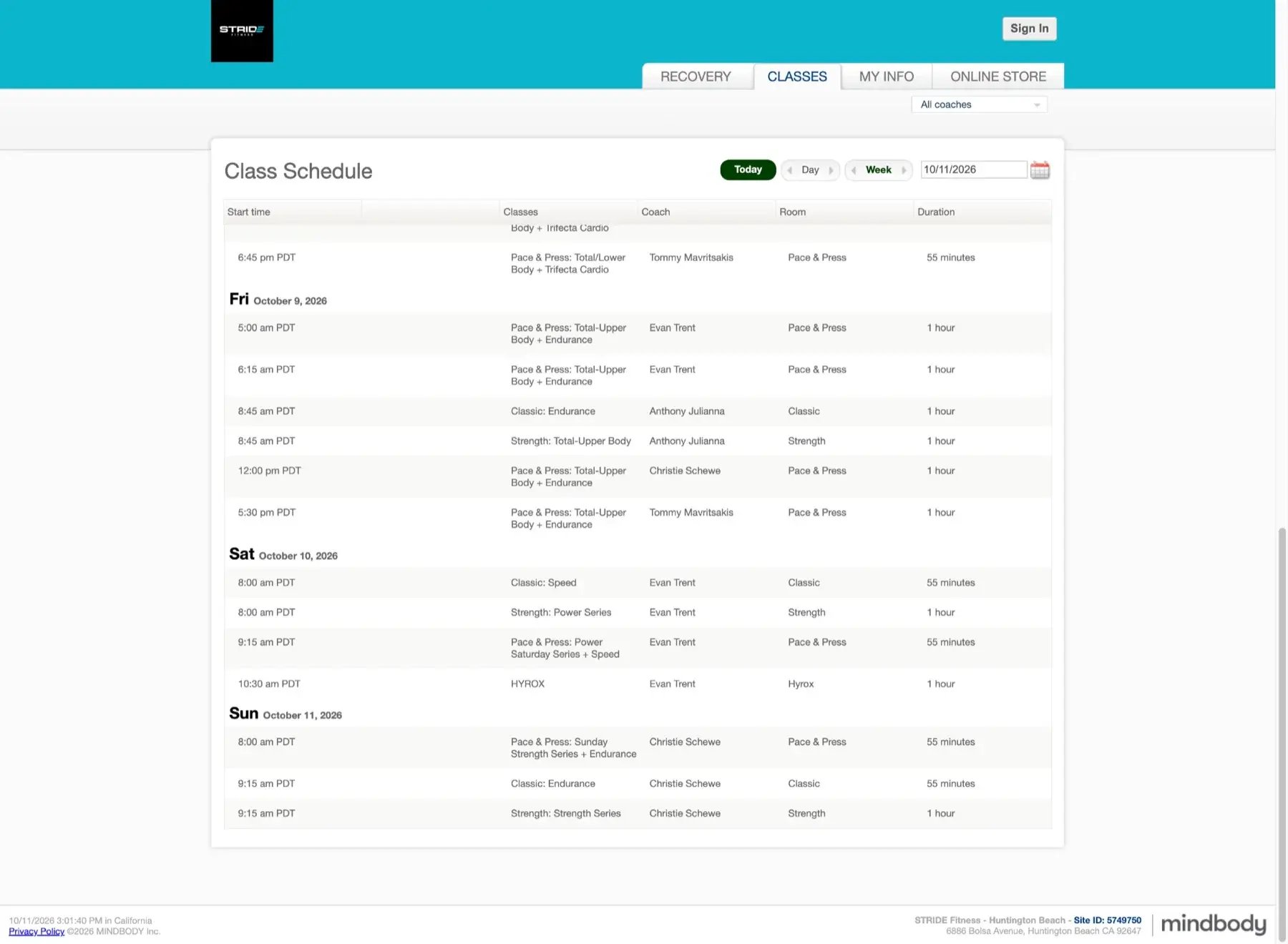 Mindbody STRIDE Fitness web portal showing the class schedule, coach filter, sign-in button, and navigation for recovery, classes, account information, and the online store
