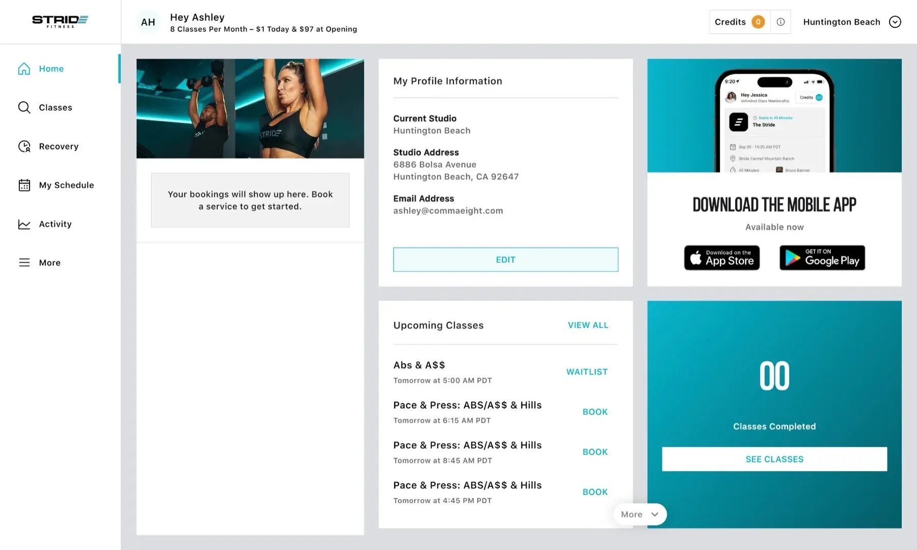 Studio Stack STRIDE Fitness member portal with workout photography, member greeting, profile information, upcoming classes, app promotion, and completed-class count