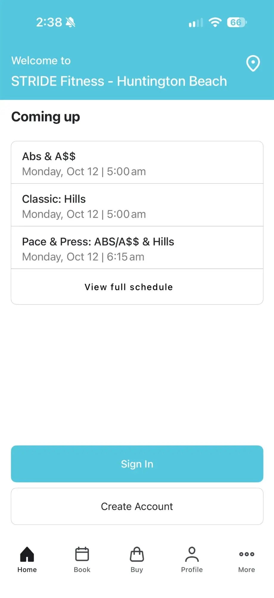 Mindbody-powered STRIDE Fitness mobile app home screen with upcoming classes, sign-in and account-creation buttons, and bottom navigation