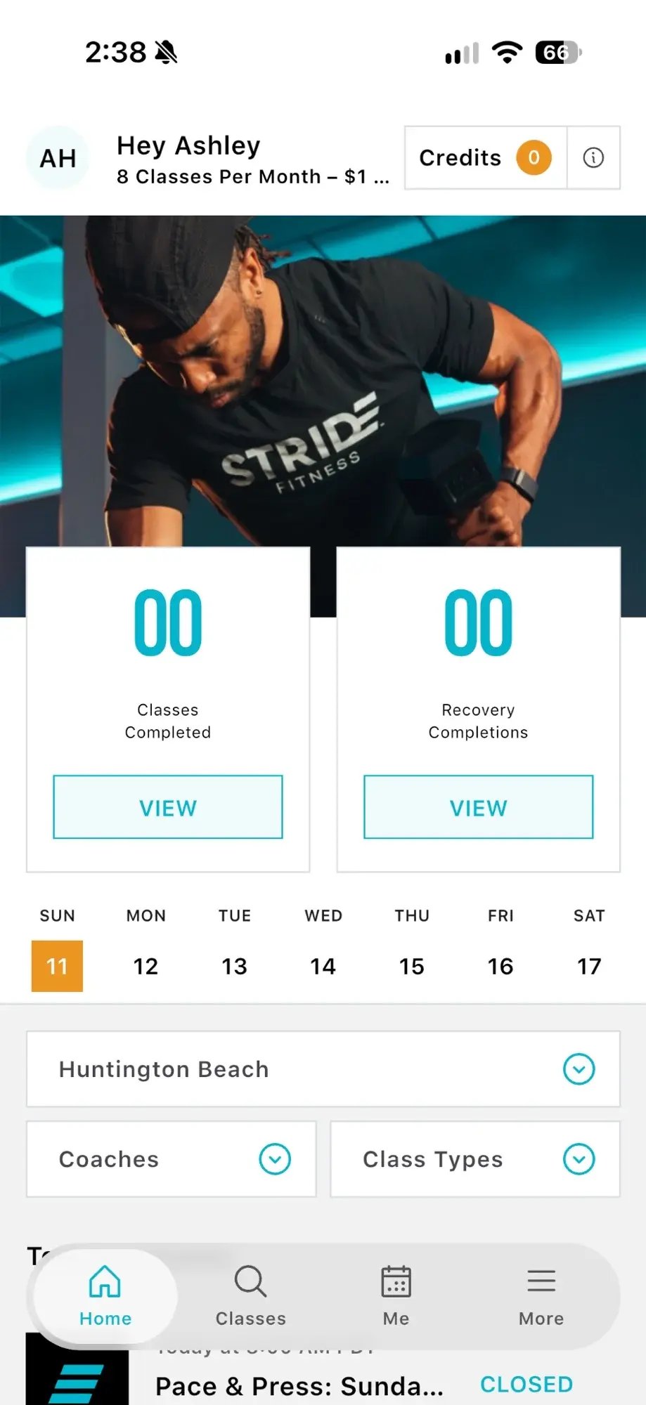 Studio Stack STRIDE Fitness mobile app with a branded workout photograph, member greeting, credits, class activity, and schedule filters