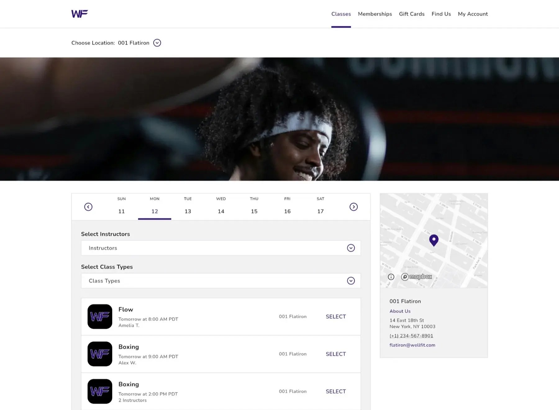 Studio Stack WellFit member portal schedule with branded navigation and photography, weekly dates, instructor and class filters, and studio map