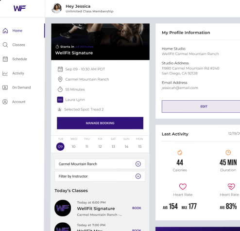 WellFit member portal with upcoming class bookings, profile information, class filters, and activity summaries