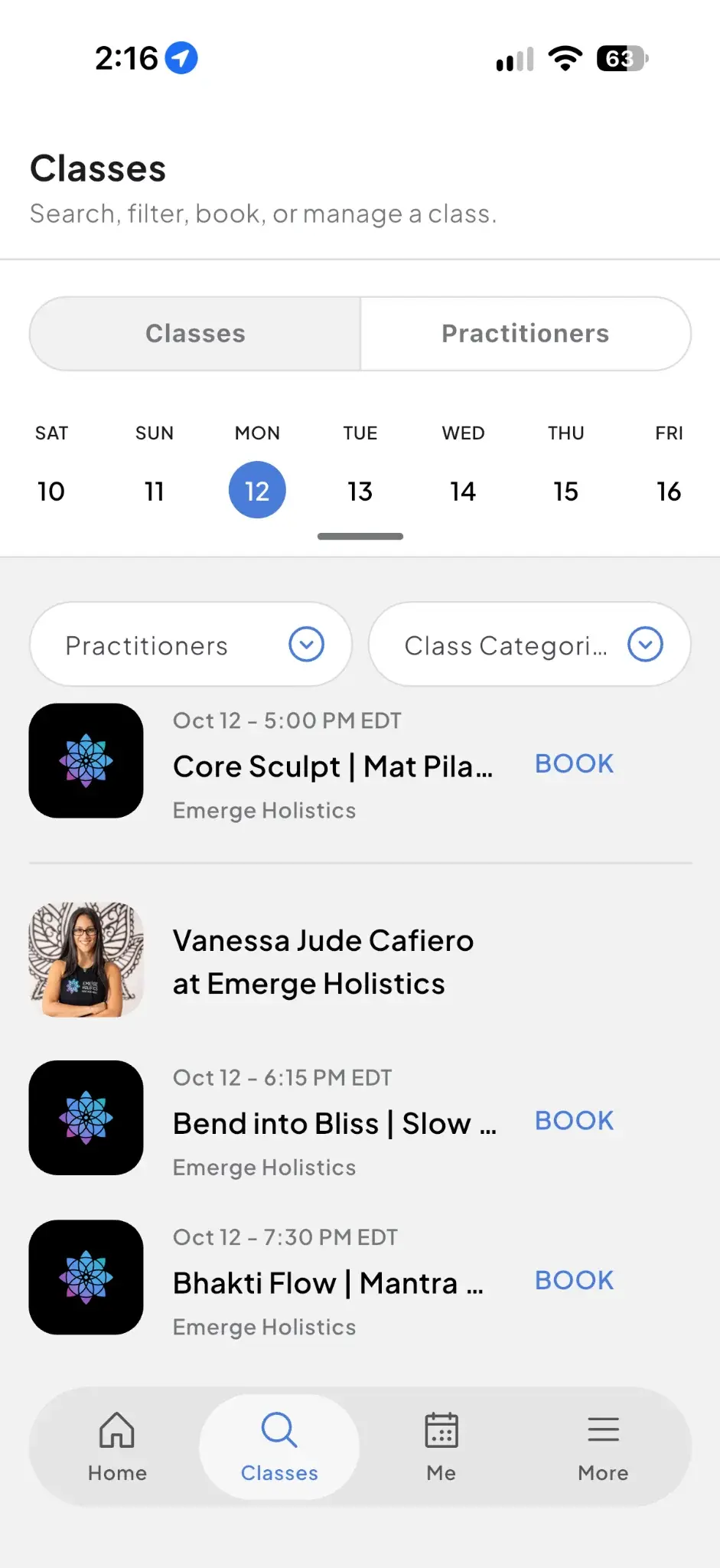 App with class calendar, practitioner filters, and class booking