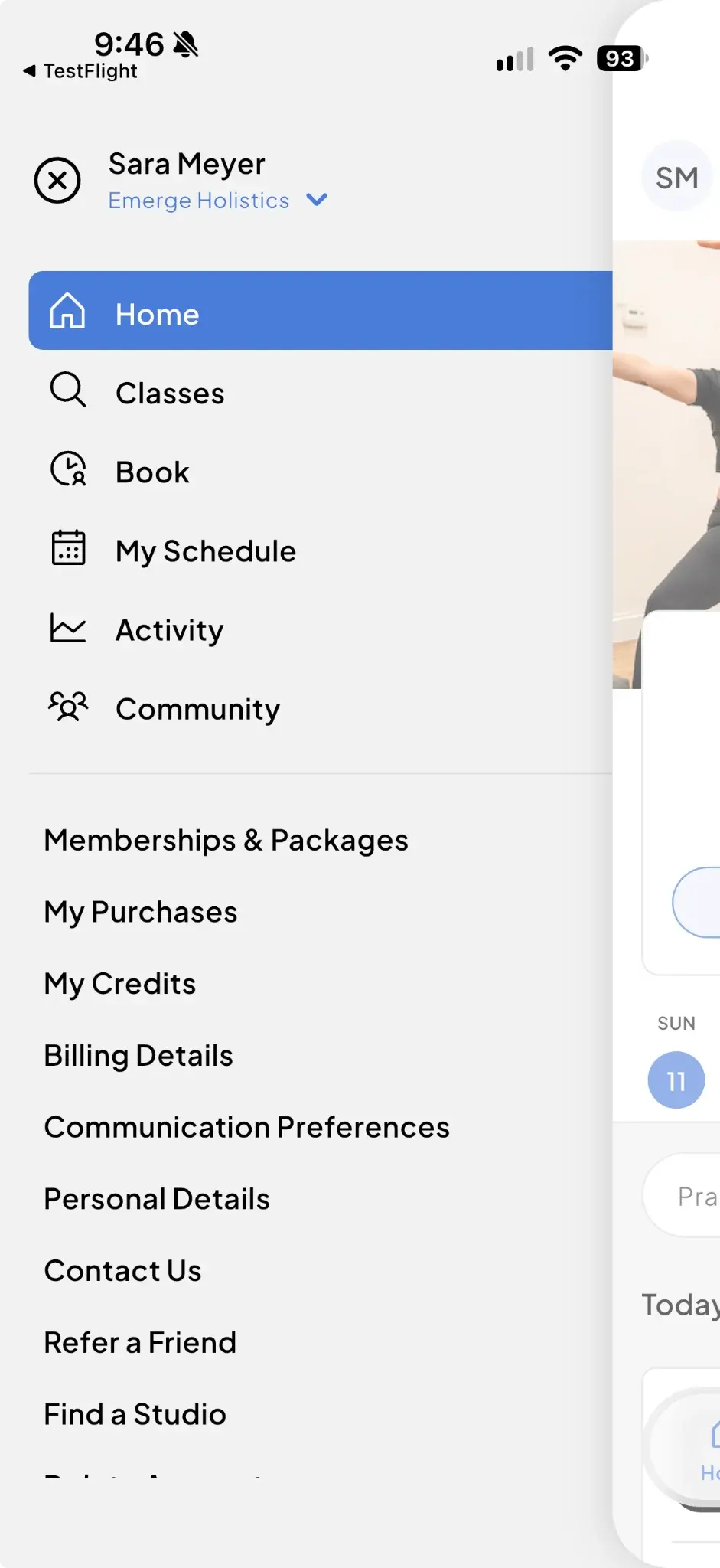 App navigation with classes, booking, schedule, community, memberships, and account options
