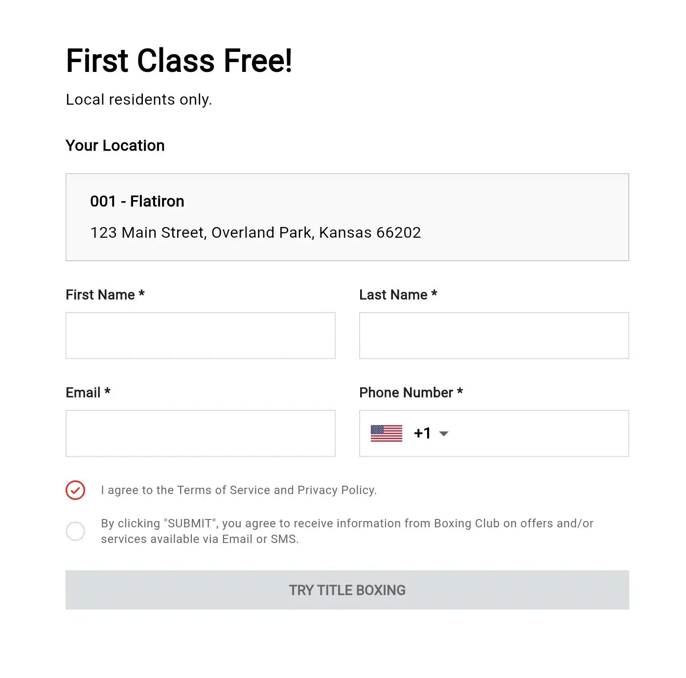 First Class Free introductory offer form with studio location, contact information, and consent options