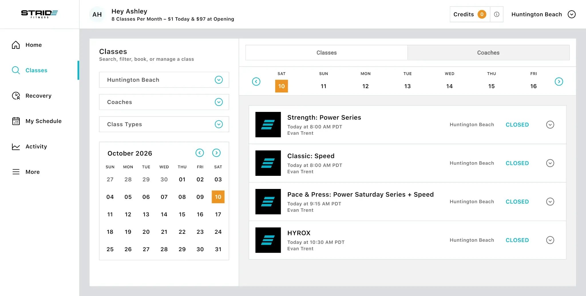 Member portal with location selection, class calendar, and booking options