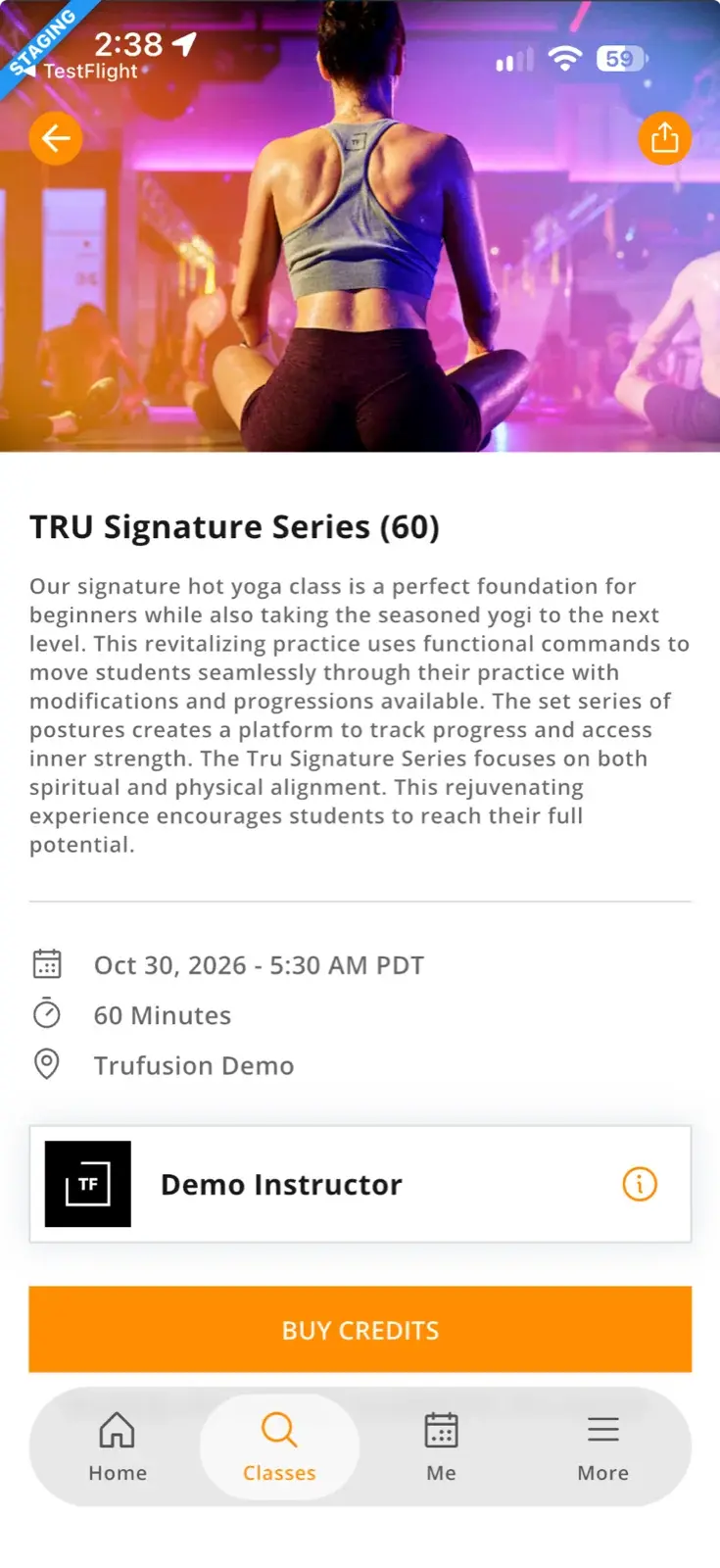 App showing class details, instructor information, and credit purchase