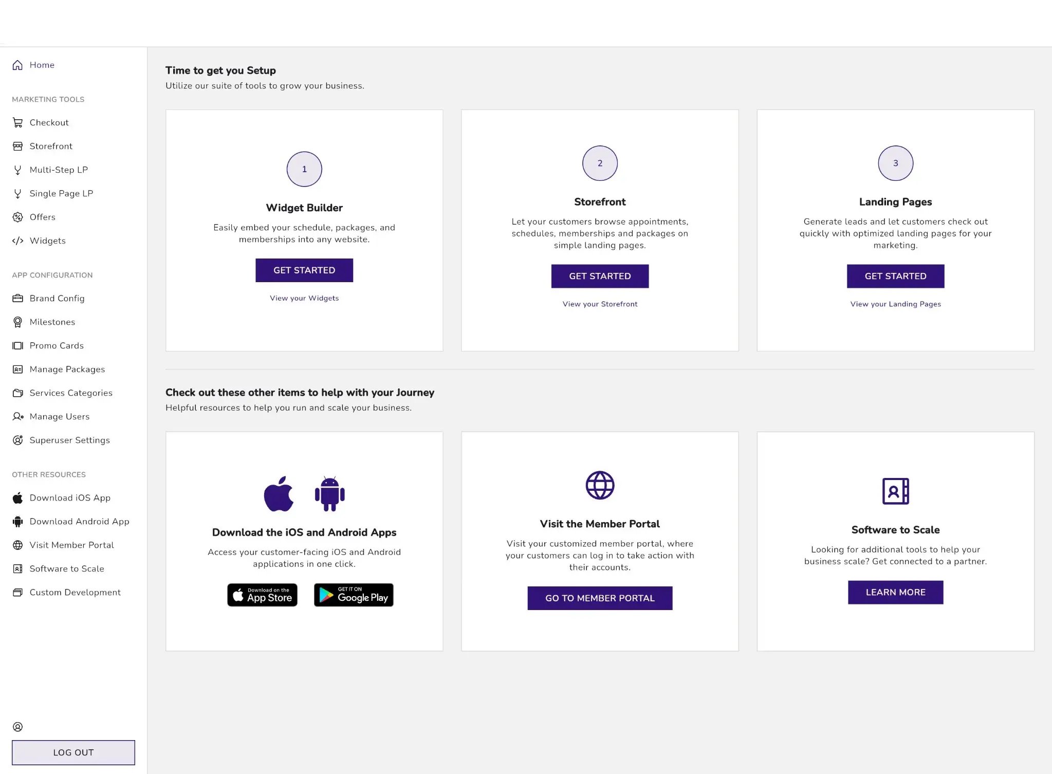 WellFit administration dashboard with widget builder, storefront, landing pages, app configuration, and member portal tools