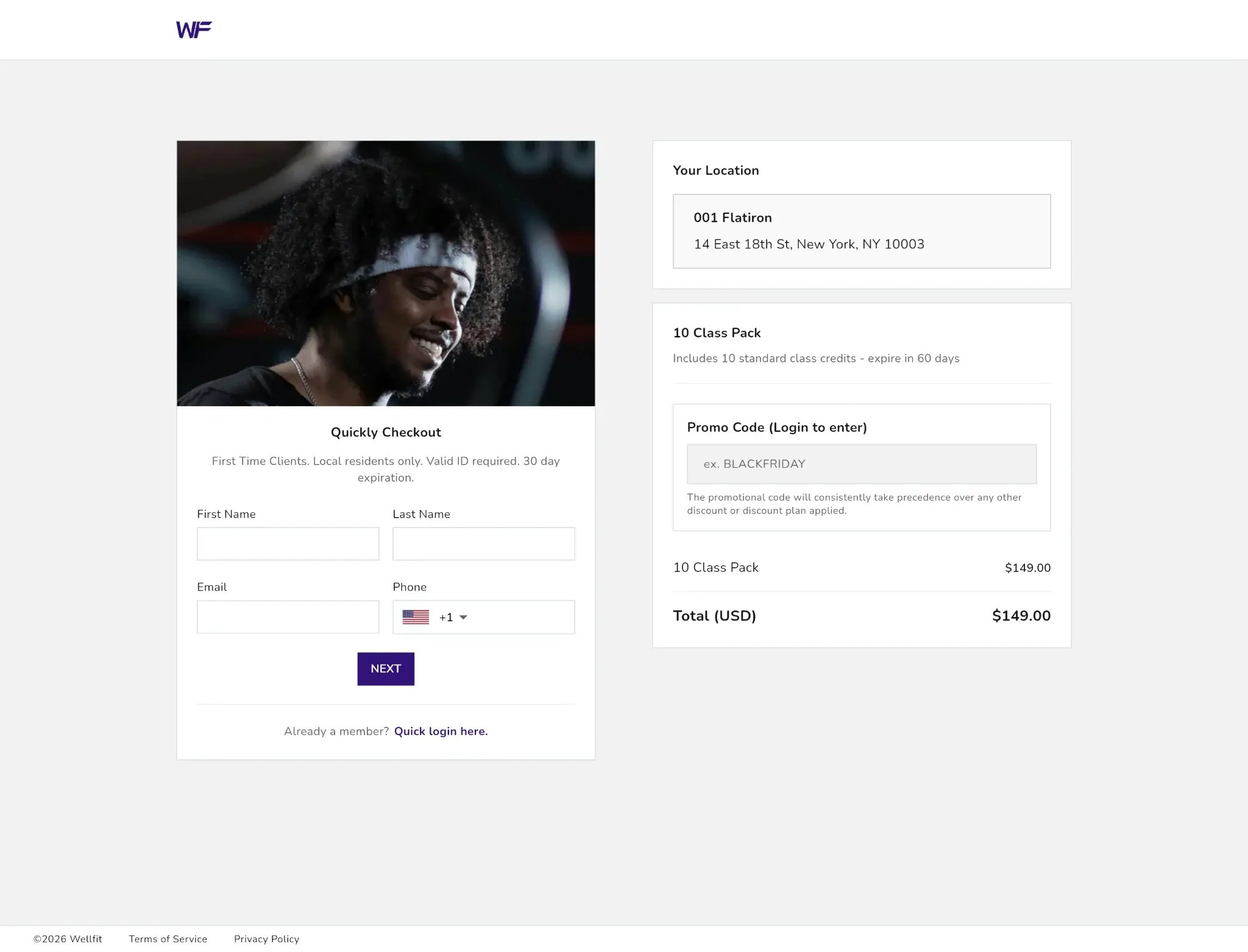 WellFit checkout with a class pack, location, promotional code, account fields, and order total