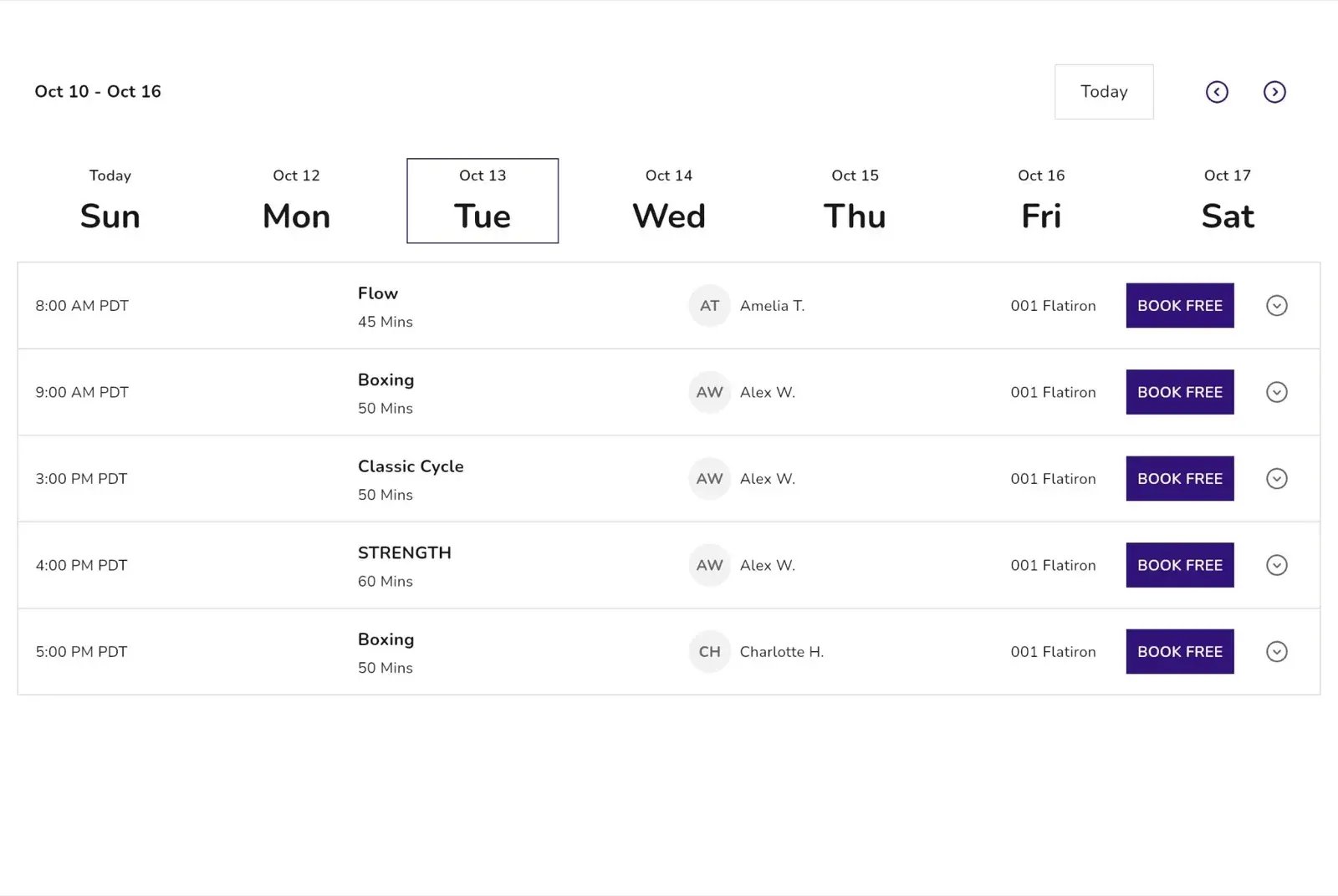 Schedule widget with a weekly date selector, class times, instructors, studio location, and Book Free buttons